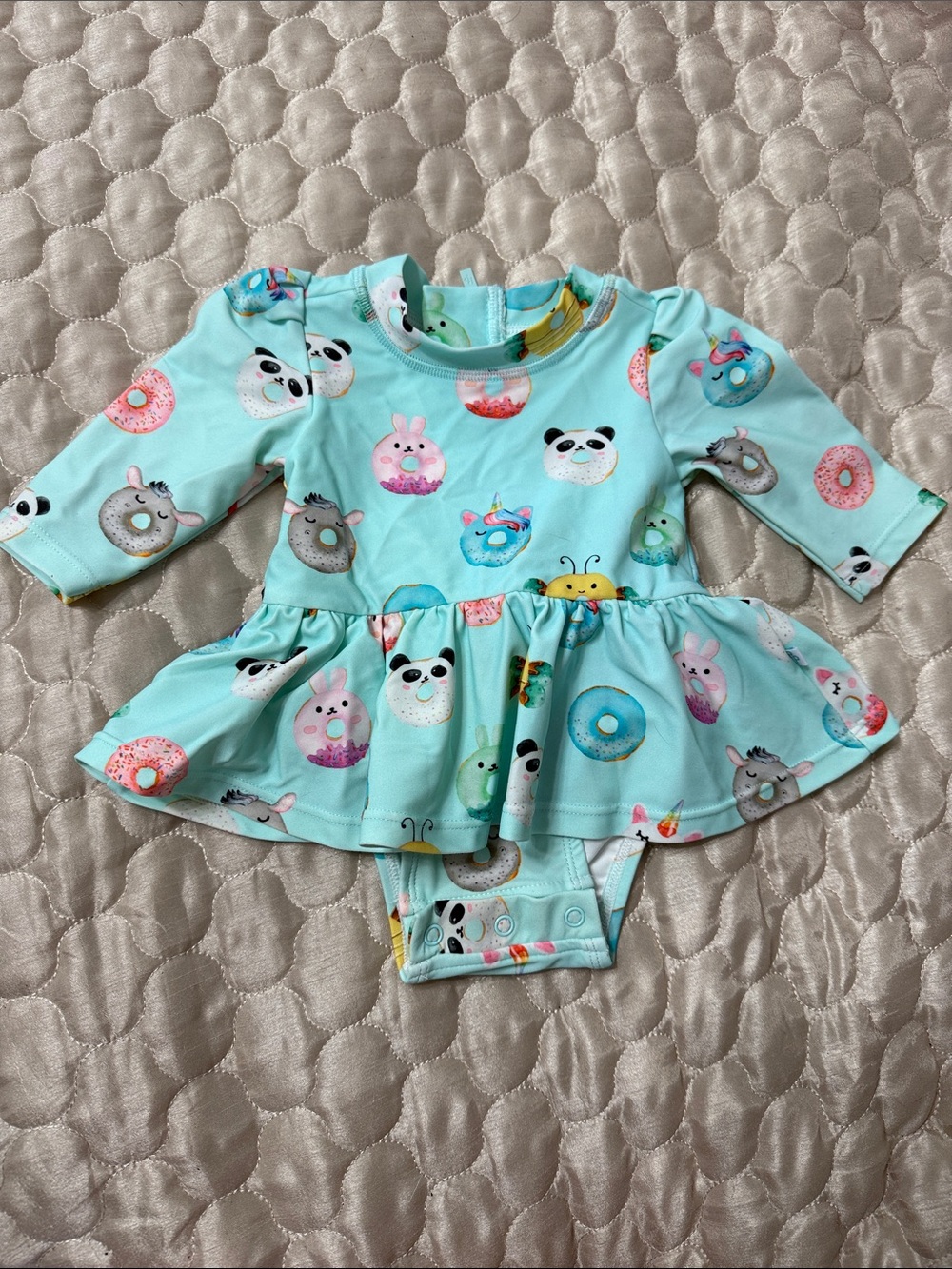 Posh Peanut Aqua Long-Sleeve One-Piece Swim Dress with Animal & Donut Print